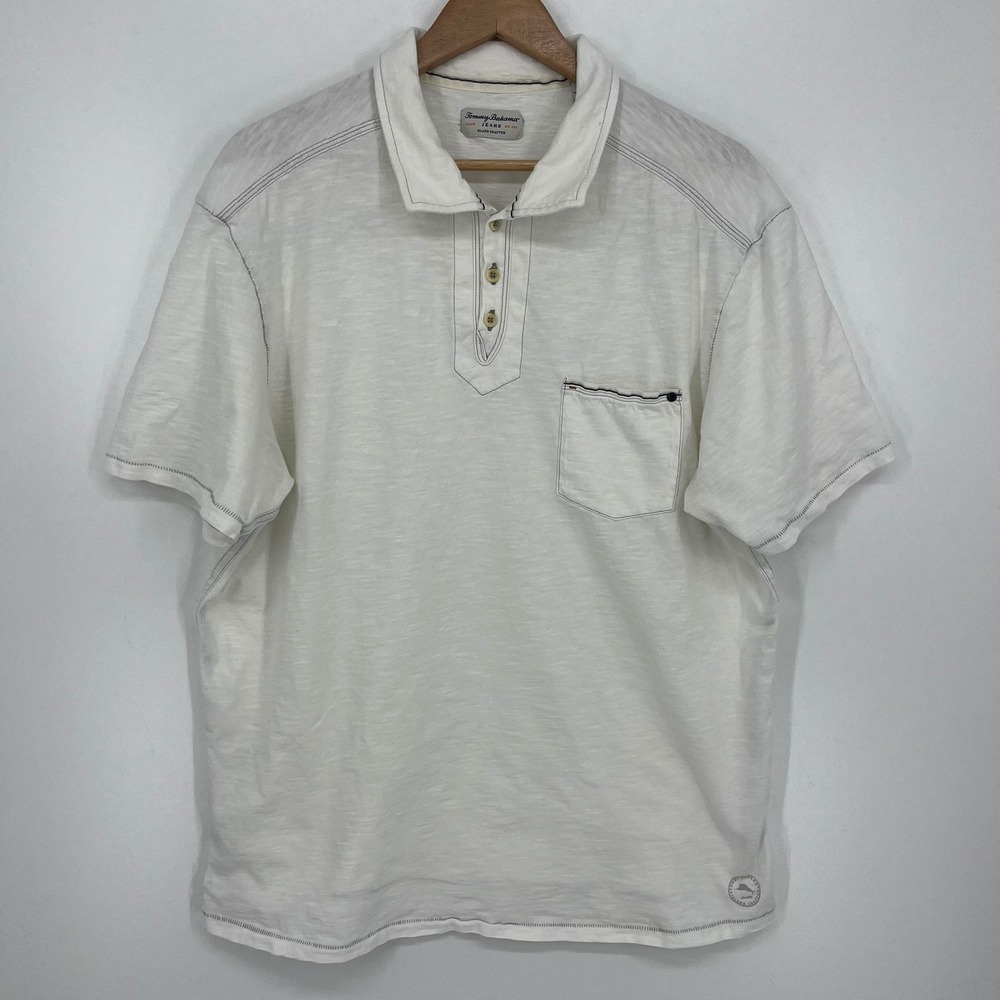 Tommy Bahama Jeans Mens XL White Slub Cotton Short Sleeve Polo Shirt
